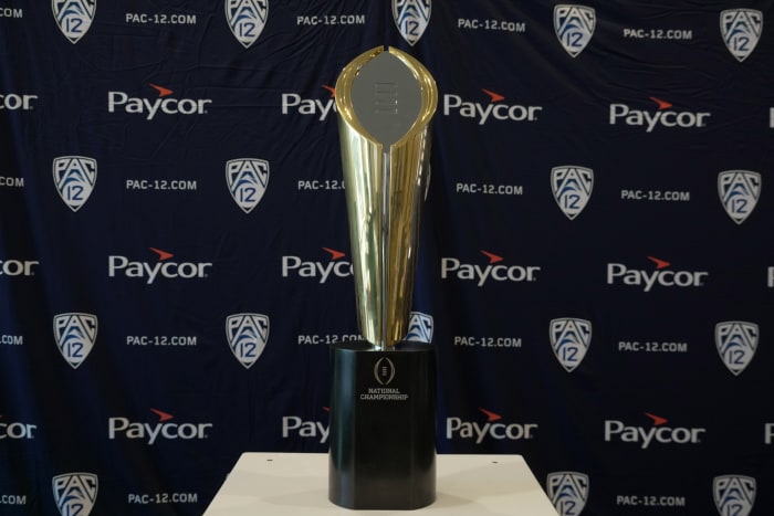 Jul 21, 2023; Las Vegas, NV, USA; The College Football Playoff (CFP) national championship at Pac-12 Media Day at Resorts World Las Vegas. (Kirby Lee / USA TODAY Sports).